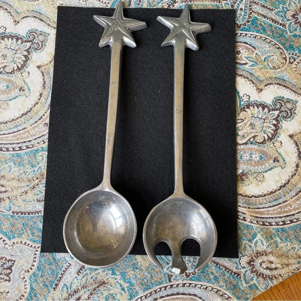 Metal Coastal Starfish salad server set Pewter or aluminum vintage